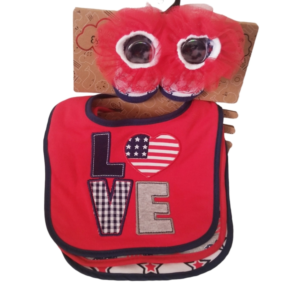 Baby Girl Americana LOVE Red White Blue Bib & Socks Gift Set